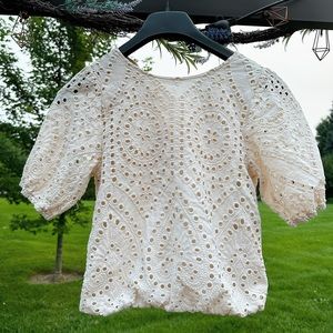 Urban Romantic Eyelet Crochet Woven Lace Women Crop Top Shirt - Beige / Cream